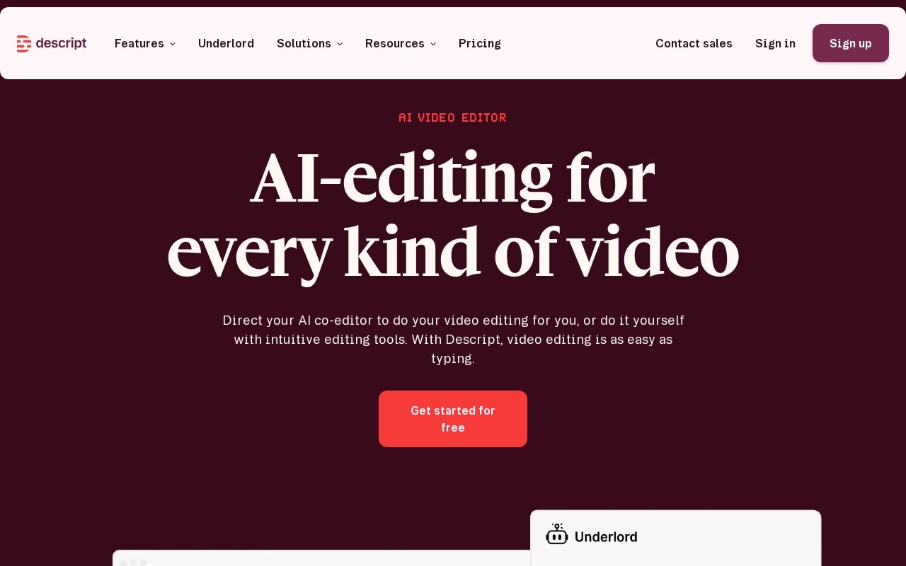 Descript edits video by editing the transcript — delete the words, the footage goes with them. Screenshot taken 7 September 2026.