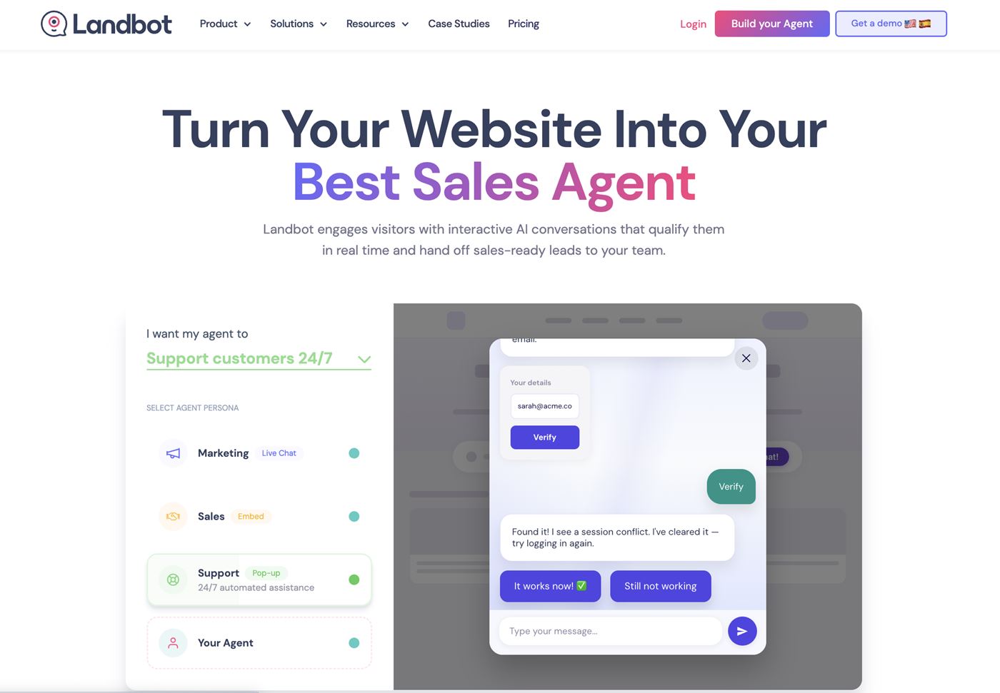 Landbot's homepage, 11 September 2026 - 'Turn Your Website Into Your Best Sales Agent', with the agent-persona picker for marketing, sales and support.