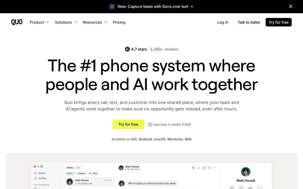 Quo puts calls, texts and the AI agent in one shared inbox — 4.7 stars from 3,300+ reviews as shown on its site, 7 September 2026.
