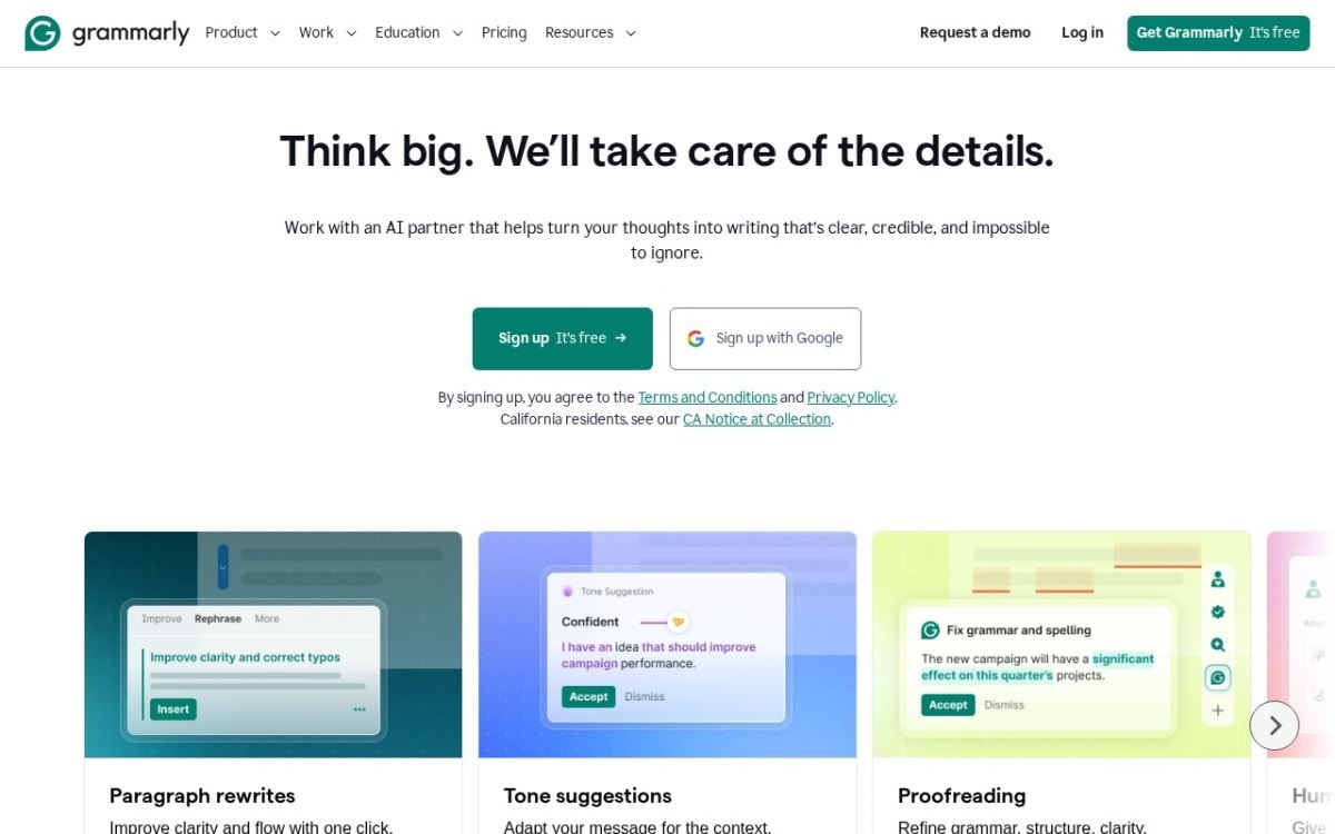 grammarly.com homepage, captured 9 September 2026.