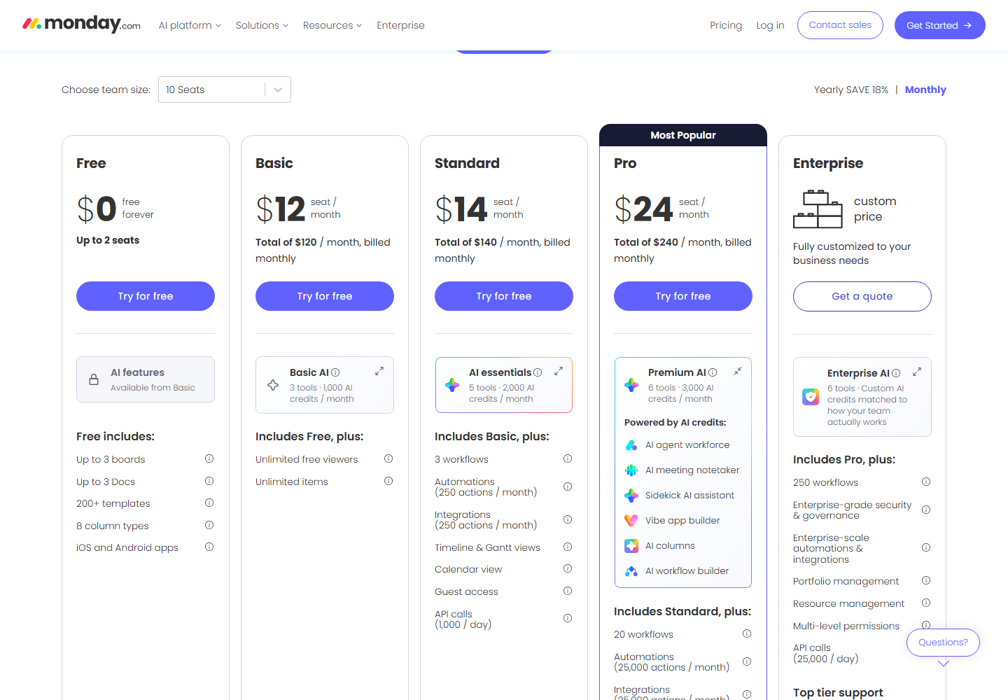 The same monday.com pricing page switched to monthly billing at 10 seats, captured from monday.com/pricing on October 16, 2026.