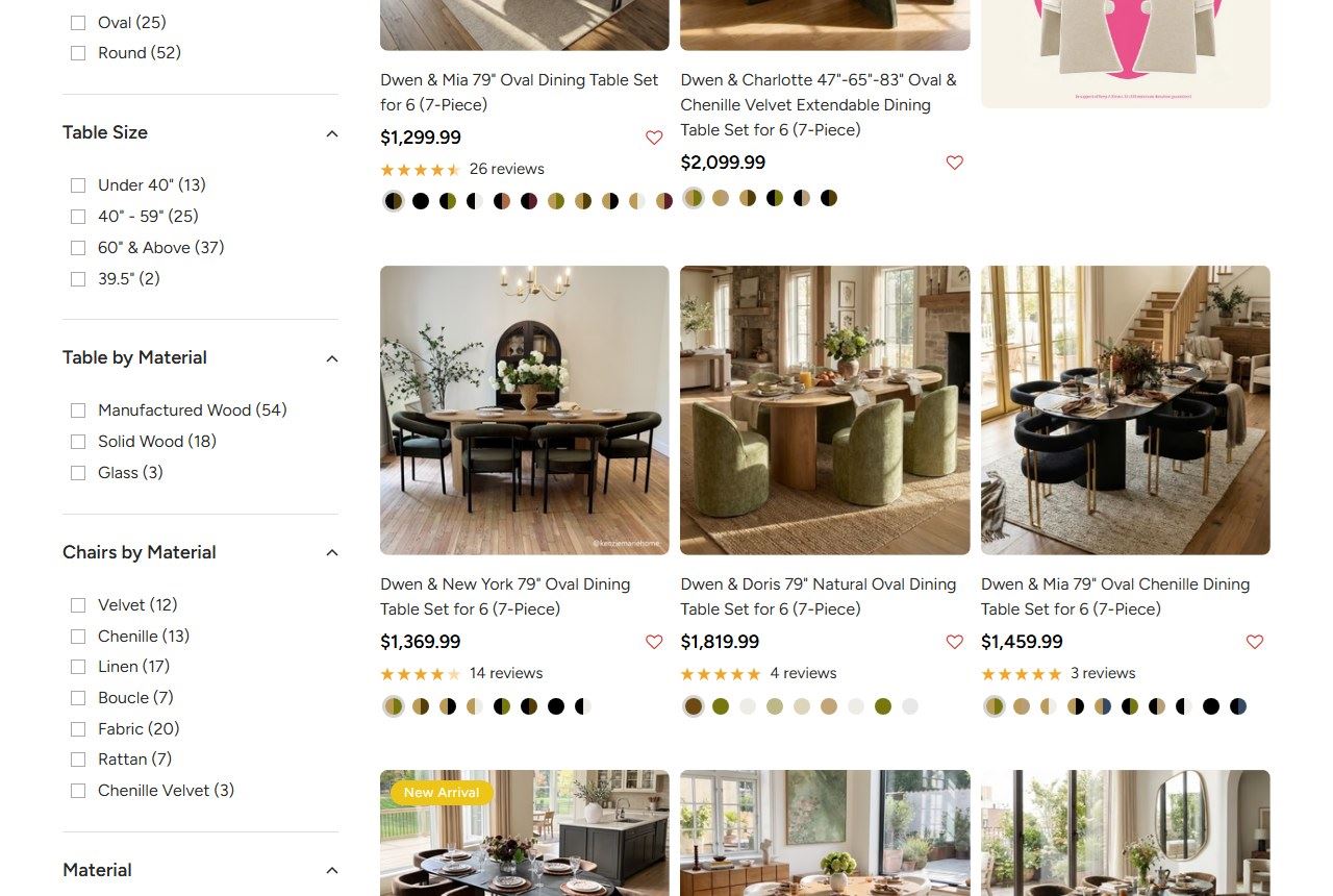 Pop Maison dining set collection page showing listed prices and material filters, captured from popmaison.com/collections/dining-table-set on October 22, 2026.